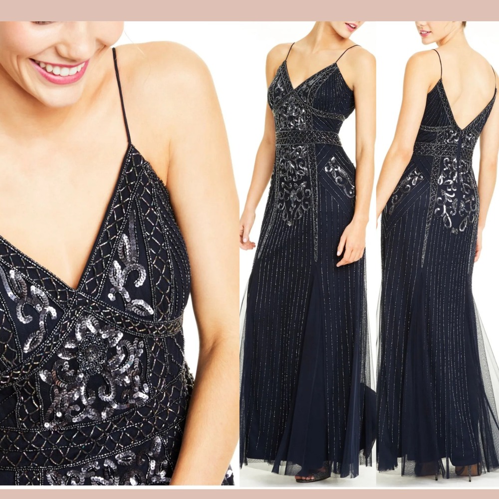 NWT JUMP Apparel‎ [ Juniors 3/4 ] Spaghetti Strap Embellished Gown Navy J1733